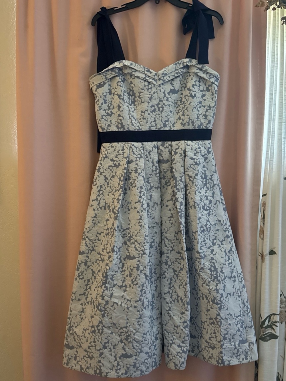 ANTONIO MELANI Blue and White Floral Midi Dress with Black Accents
